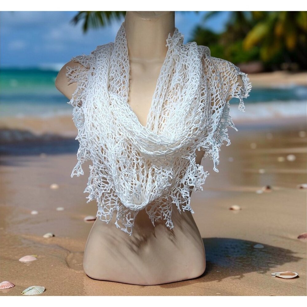 Boho Scarf White Fishnet Long Rectangular 82" Spr… - image 2